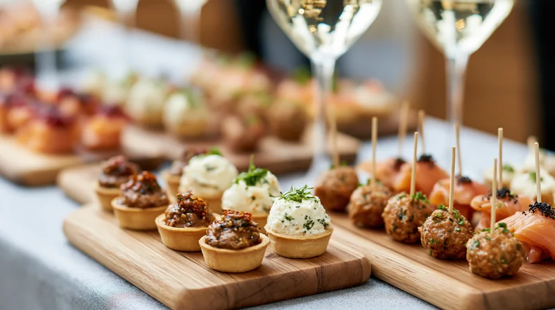 Assorted canapes and finger foods arranged on wooden trays at a catered event