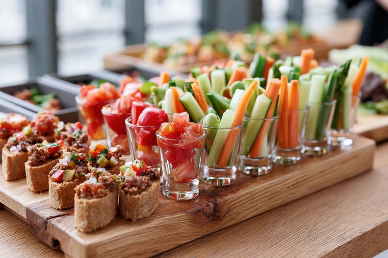 Catering spread of canapes and crudite in shot glasses arranged on a wooden board