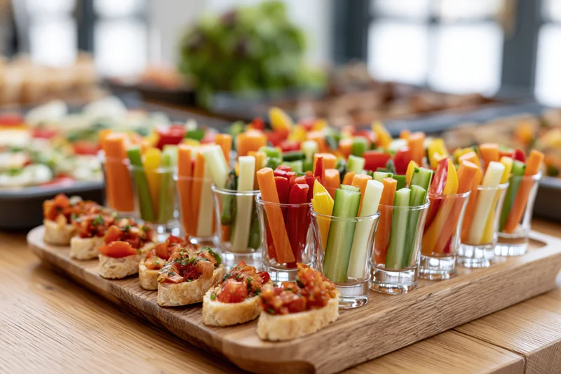 Catering spread of canapes and crudite in shot glasses arranged on a wooden tray