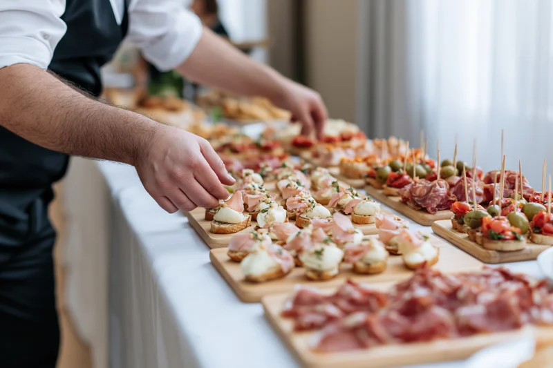 Catering staff arranging appetizers on a buffet table for an event