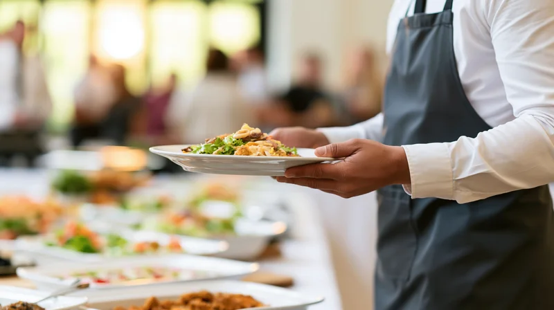 Catering staff member holding a plated dish at a buffet line