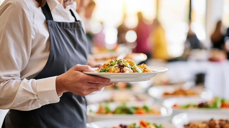 Woman in apron holding plated dish at buffet event