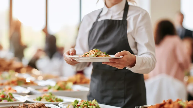 Woman in apron holding plated salad dish at buffet line