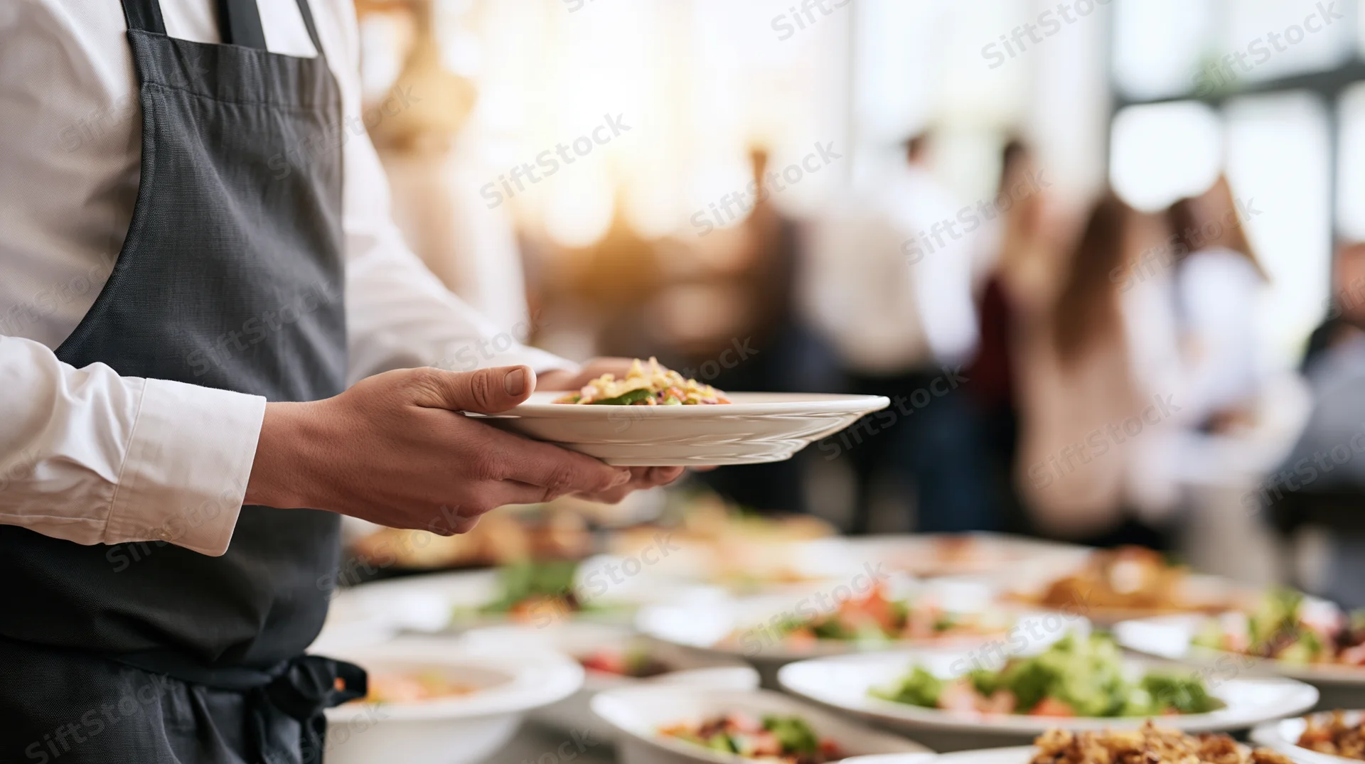 Catering staff member holding a plated dish at a buffet table