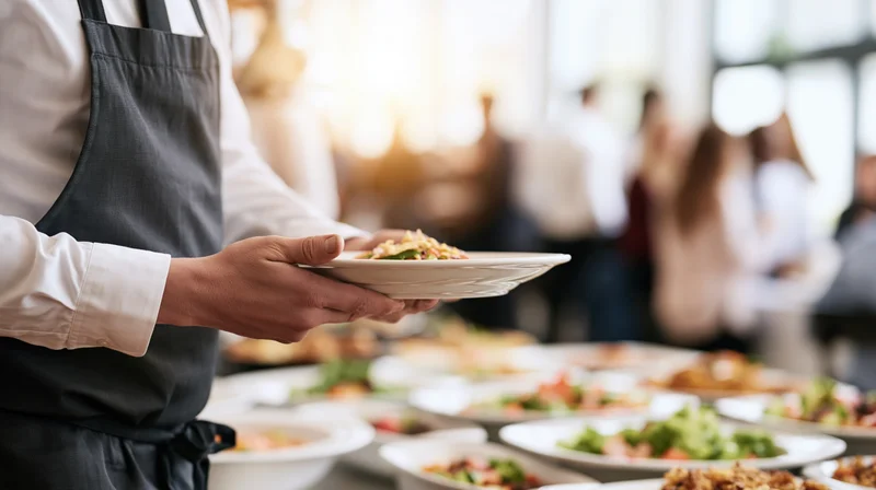 Catering staff member holding a plated dish at a buffet table