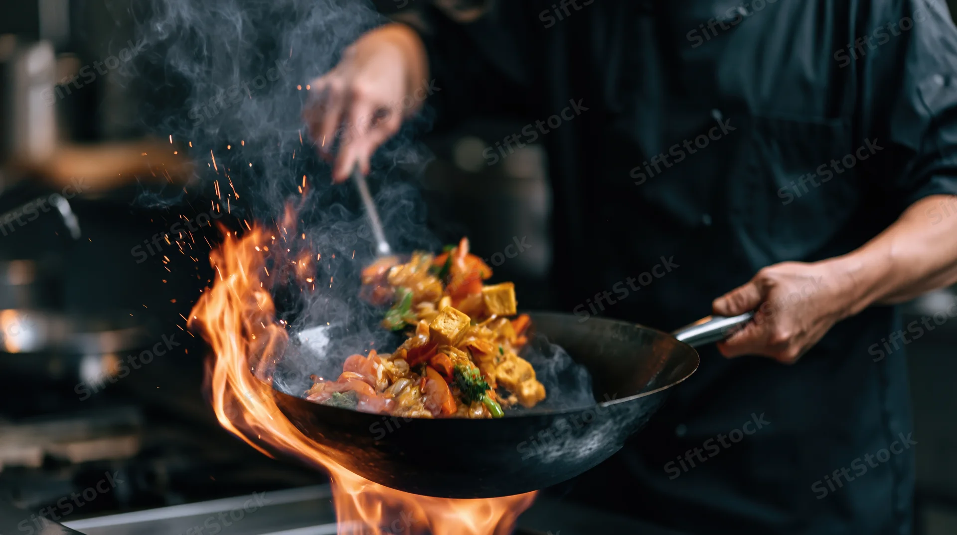 Chef tossing vegetables and tofu in a wok over flames in a kitchen