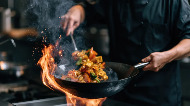Chef tossing vegetables and tofu in a wok over flames in a kitchen