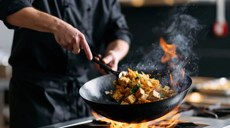 Chef tossing tofu and vegetables in a wok over an open flame in a kitchen