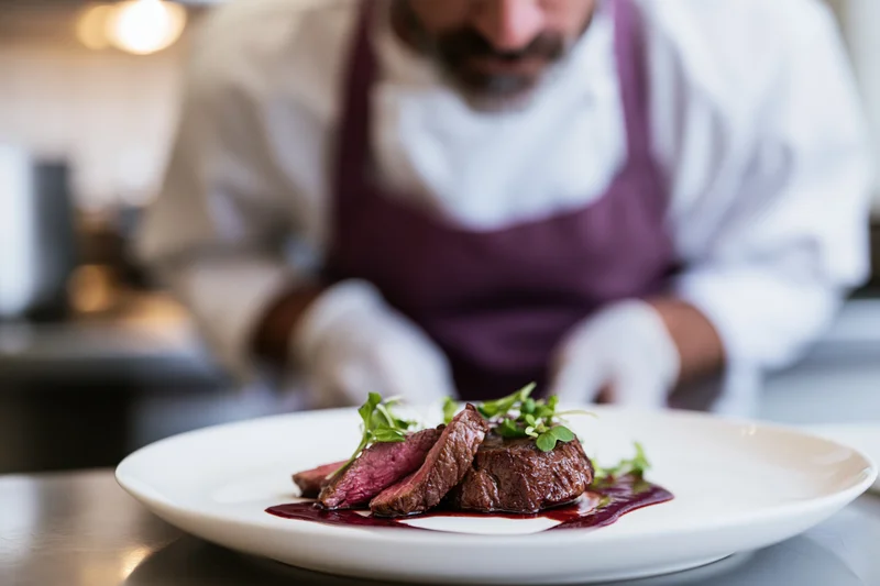 Chef plating sliced medium-rare steak with sauce and herbs on white plate in restaurant kitchen