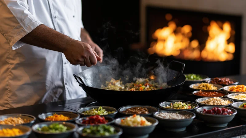 Chef tossing stir-fry in a black wok surrounded by ingredient bowls with fireplace in background