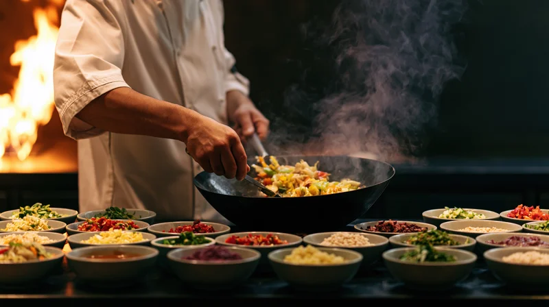 Chef tossing stir-fry in a wok surrounded by bowls of ingredients in a kitchen
