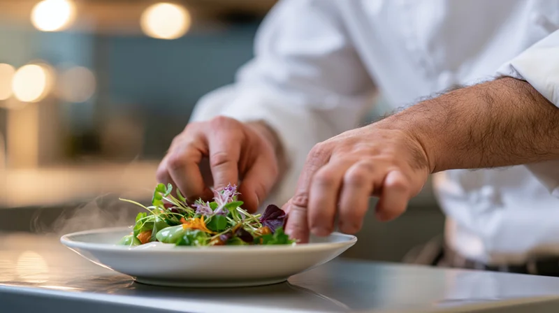 Chef plating a steaming salad with microgreens on a white plate in a restaurant kitchen