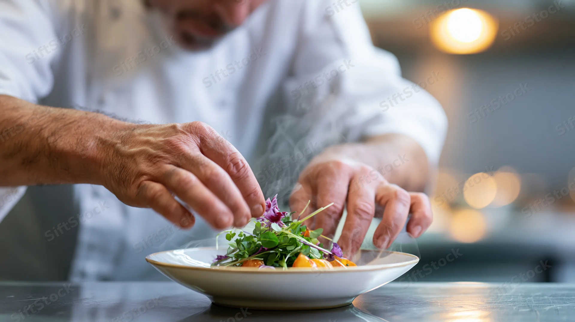Chef plating a fine-dining dish with garnish on a porcelain plate in a restaurant kitchen