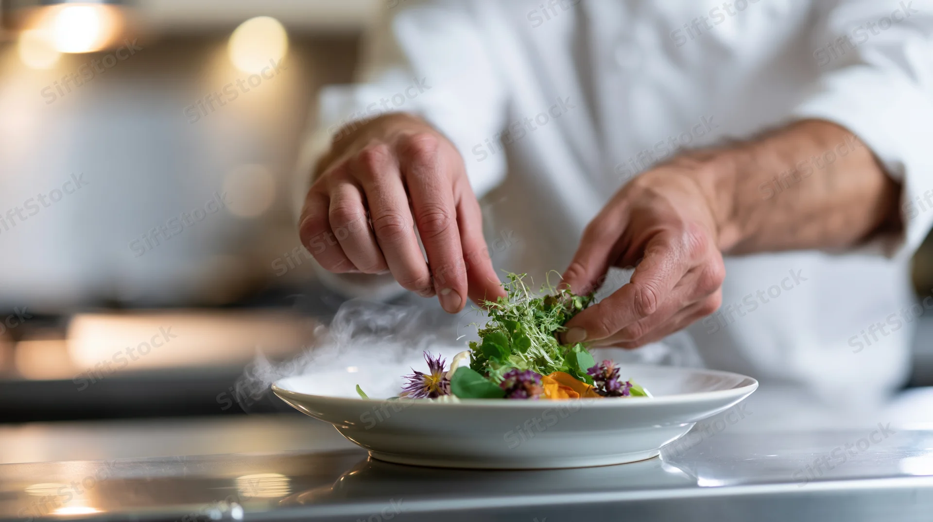 Chef plating a fine-dining dish with garnish on a white plate in a kitchen