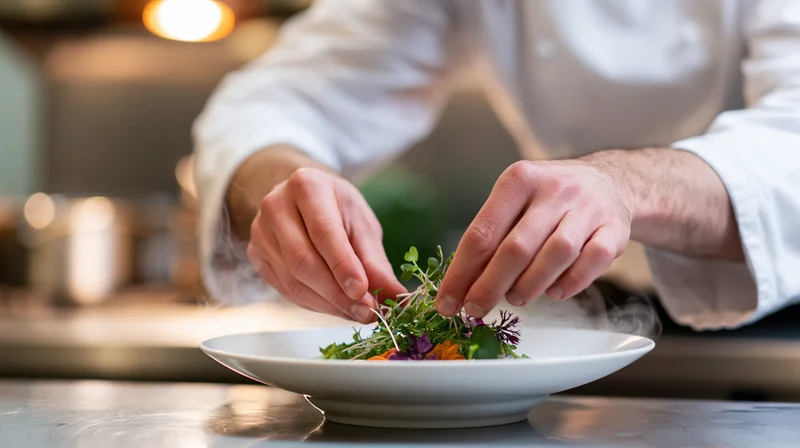 Chef plating a fine-dining dish with garnish on a white plate in a restaurant kitchen