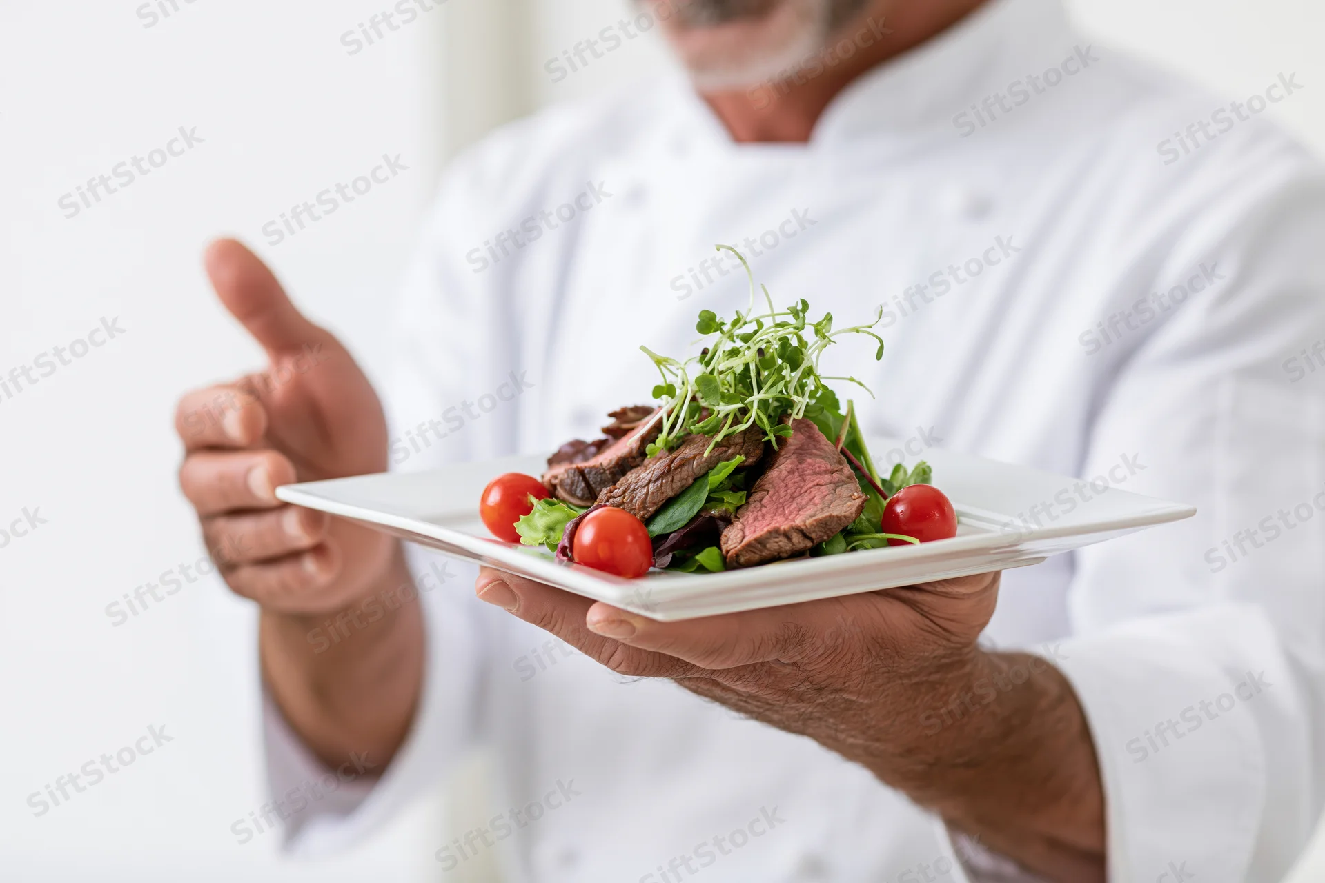 Chef holding a plated steak salad with tomatoes and greens in a restaurant setting