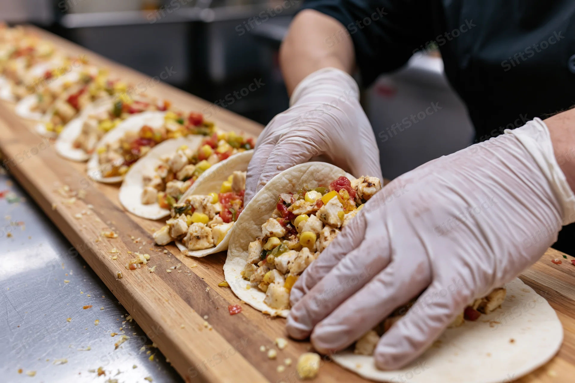 Chef assembling open-faced tacos with chicken and vegetables on a wooden board in a kitchen