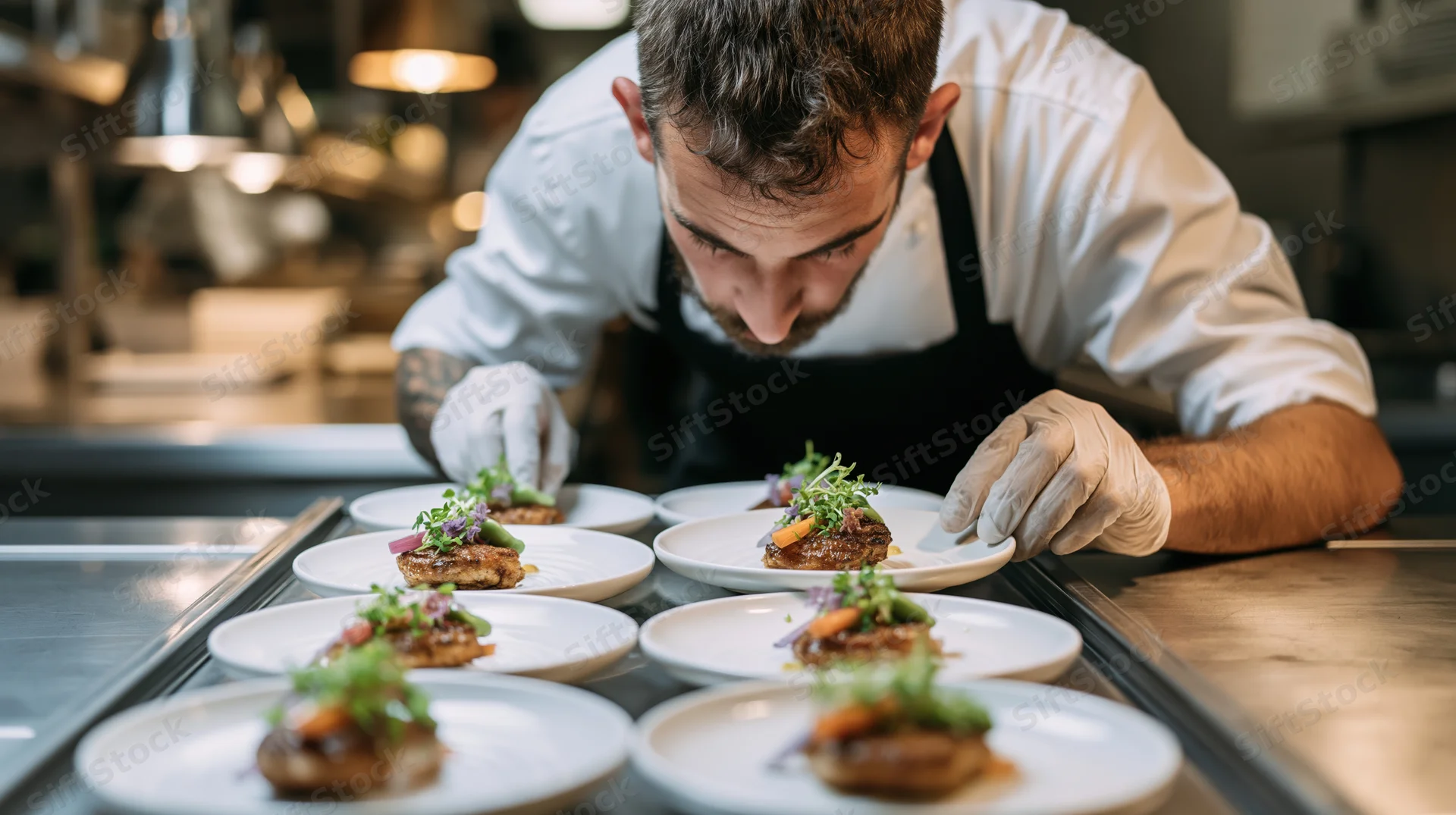 Chef plating gourmet dishes with garnish in a restaurant kitchen