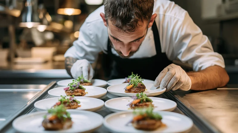 Chef plating gourmet dishes with garnish in a restaurant kitchen