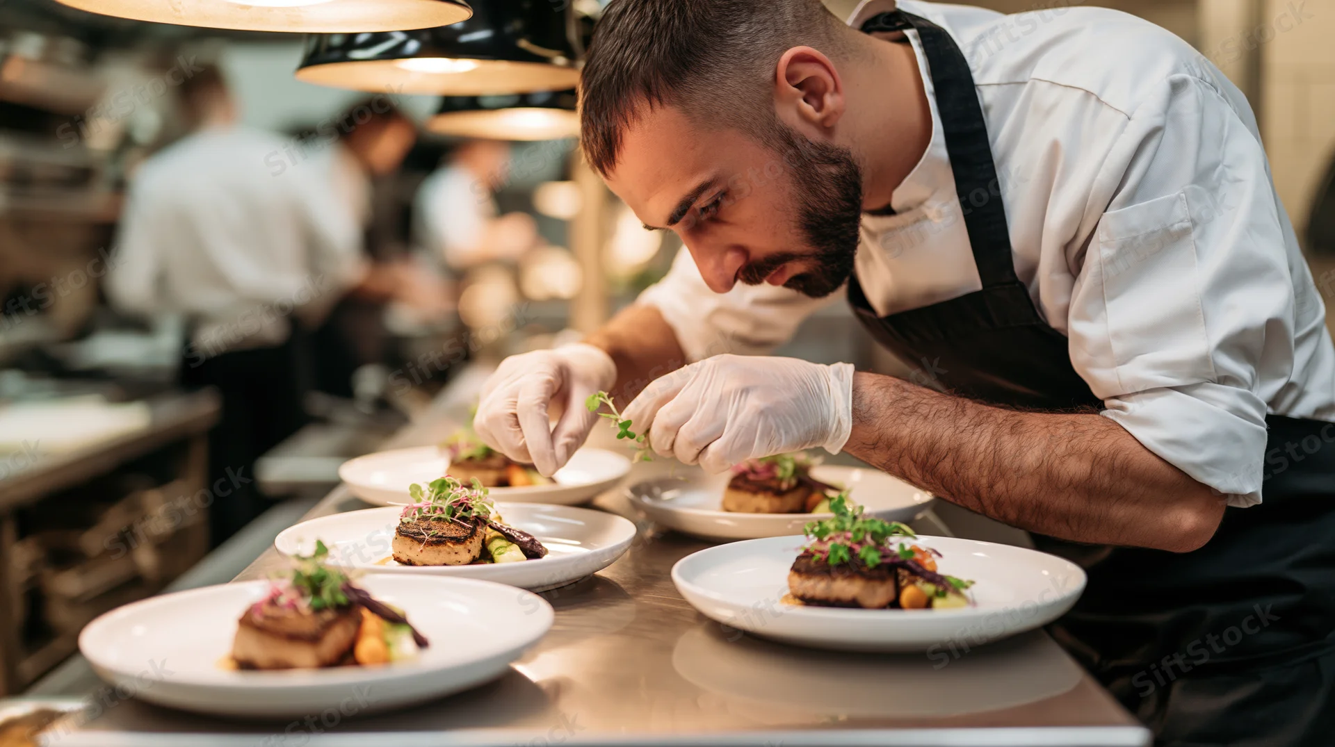 Chef plating gourmet dishes with garnish in a restaurant kitchen