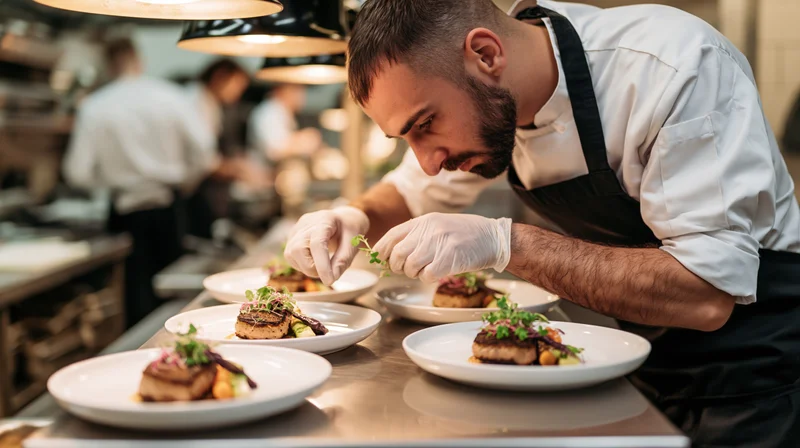 Chef in white uniform and black apron finishing plating four