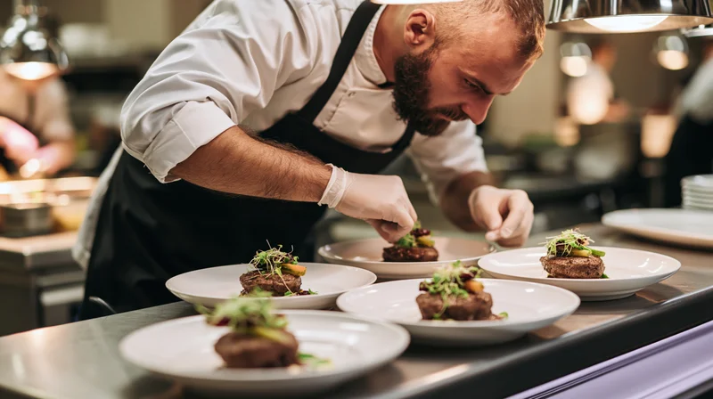 Chef plating gourmet dishes in a professional kitchen