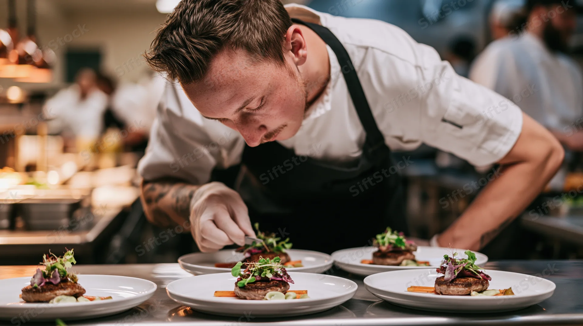 Chef plating four dishes with garnish in a restaurant kitchen