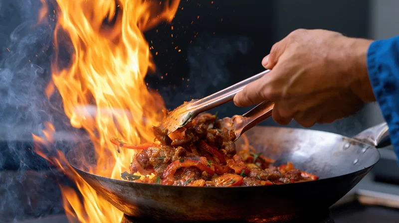 Chef’s hand using tongs to stir food in a flaming wok