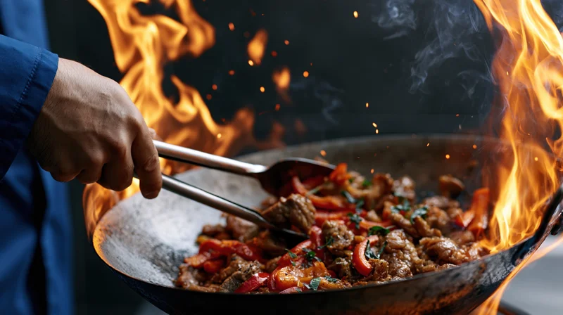 Chef using metal tongs to stir fry meat and vegetables in a flaming wok