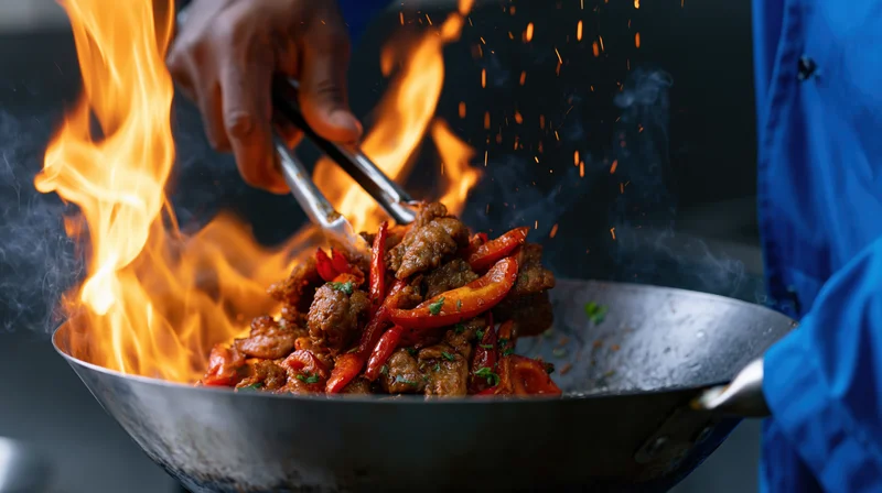 Chef using tongs to stir food in a flaming wok in a kitchen