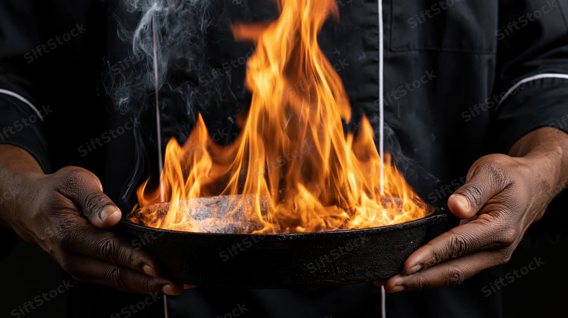 Chef holding cast iron skillet with tall flames during cooking