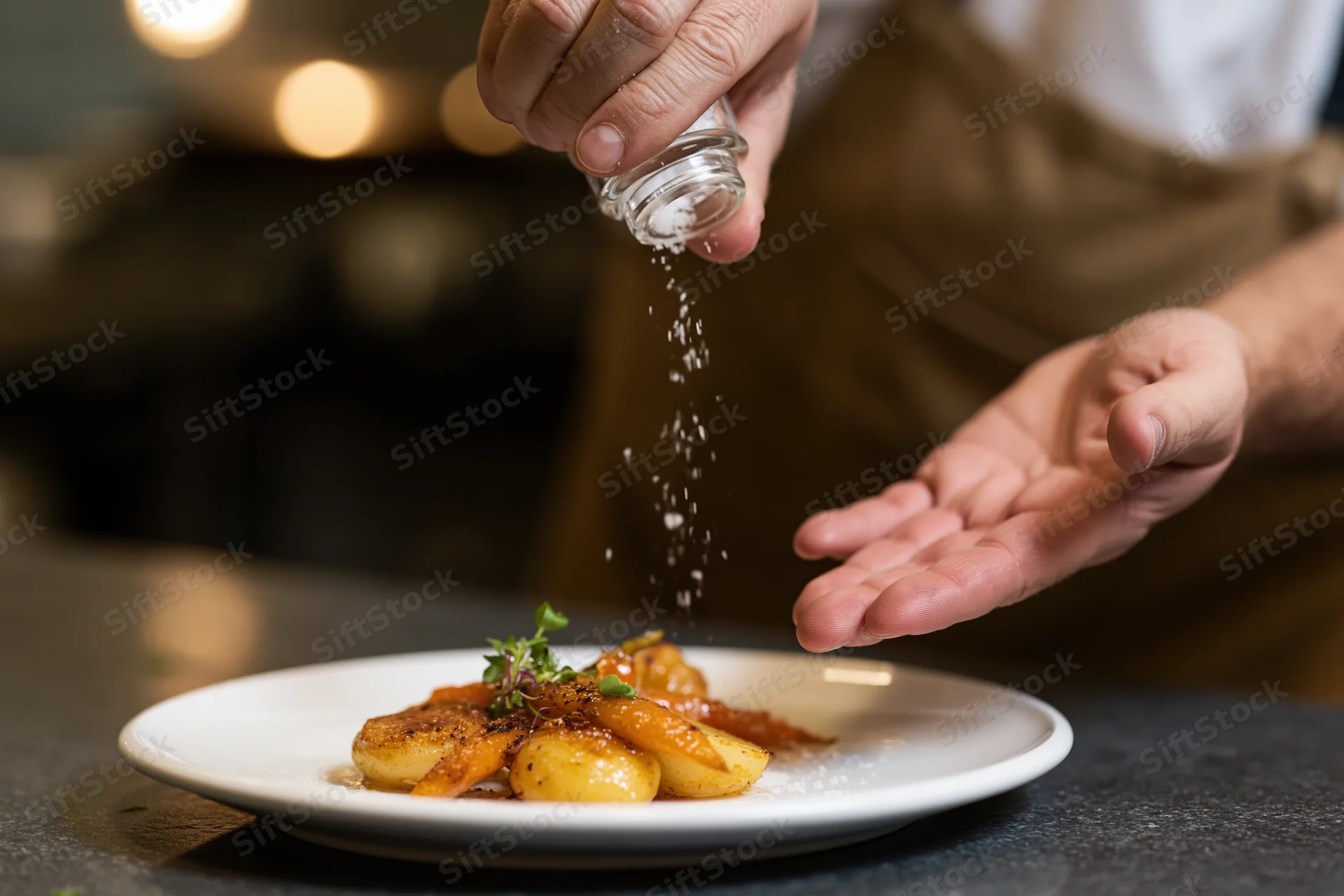 Chef sprinkling salt from a glass shaker over a plated dish of scallops with herbs