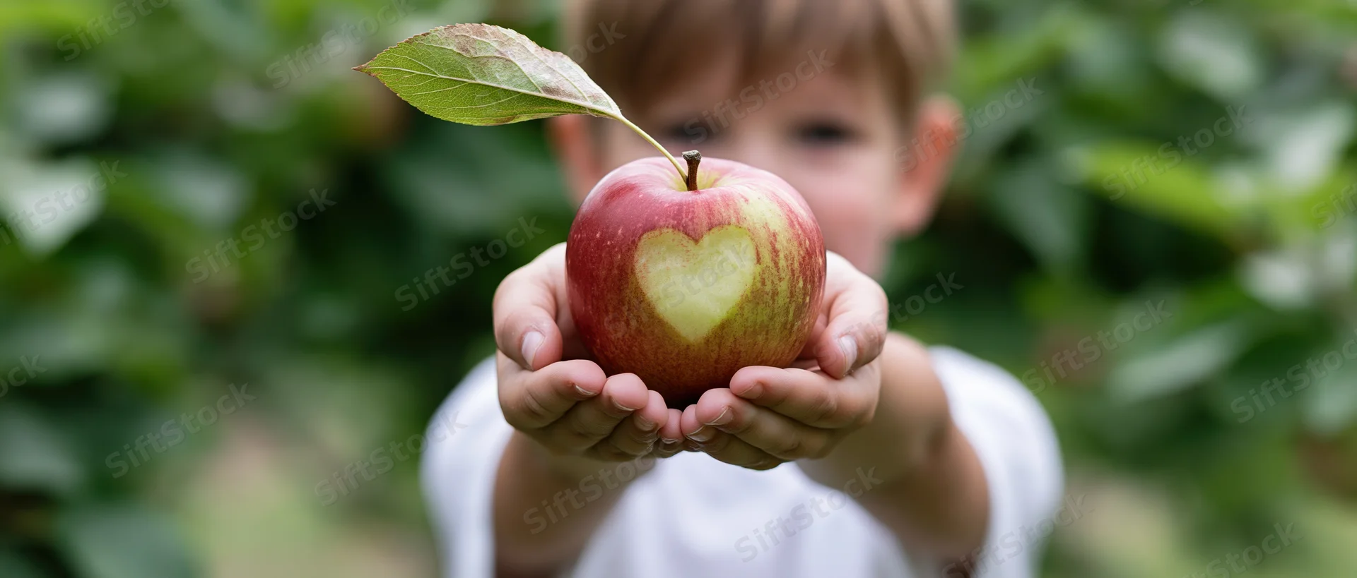 Child holding apple with heart-shaped mark in garden