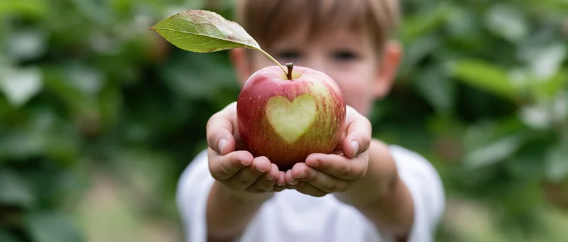 Child holding apple with heart-shaped mark in garden