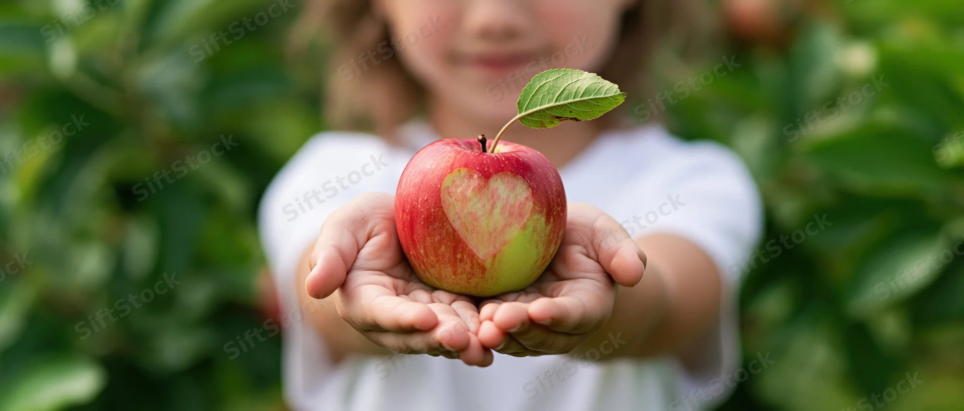 Child holding apple with heart-shaped marking in garden