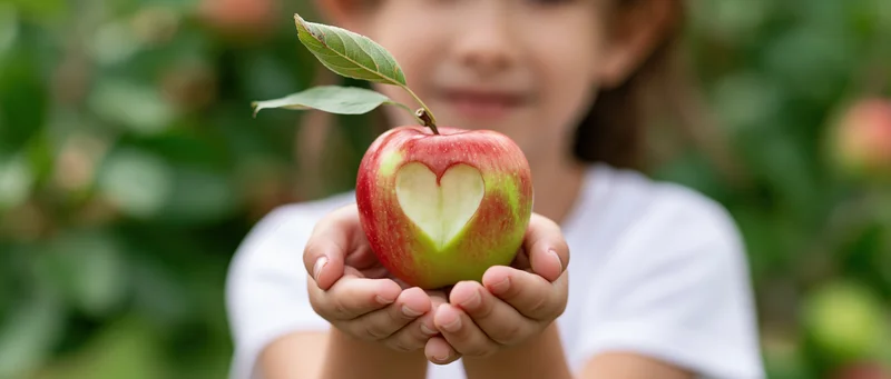 Child holding apple with heart-shaped cutout in garden
