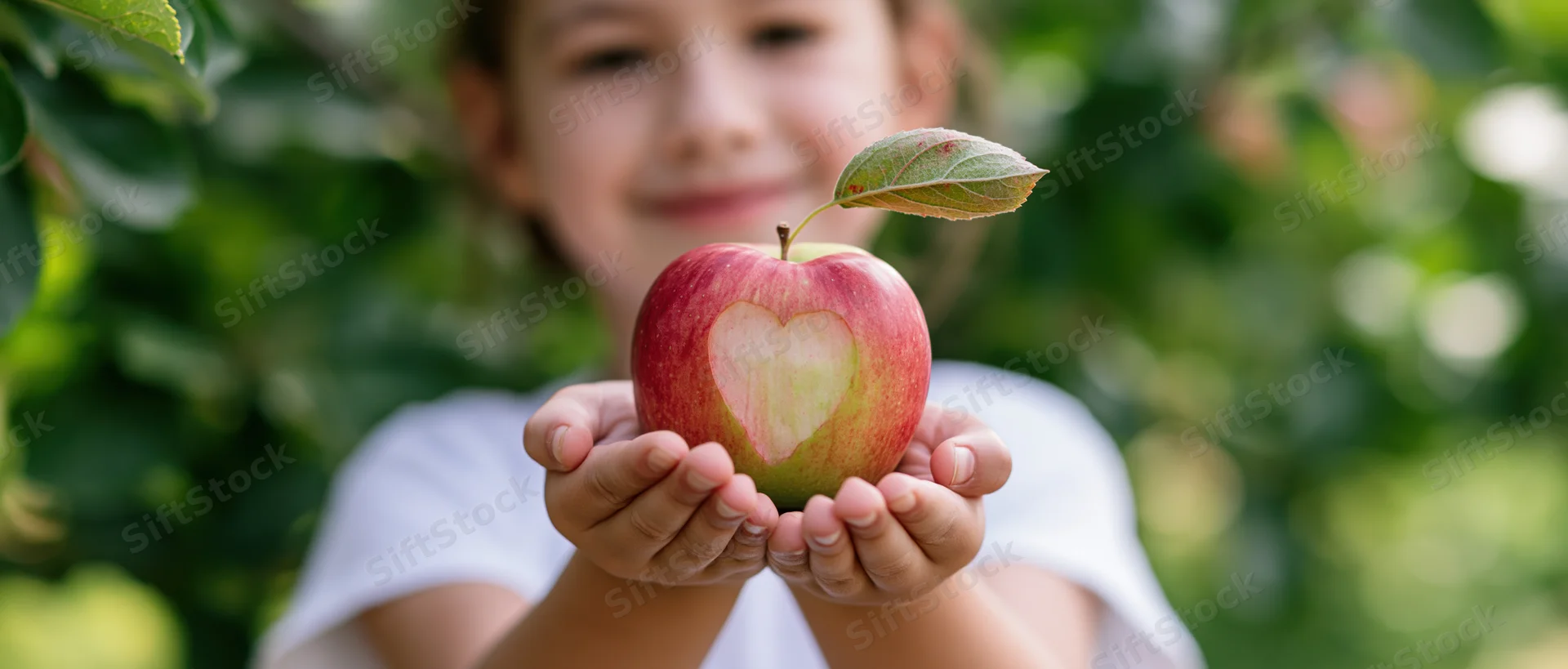 Young girl holding a red-green apple with a heart-shaped mark in an orchard