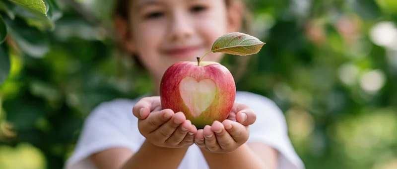 Young girl holding a red-green apple with a heart-shaped mark in an orchard
