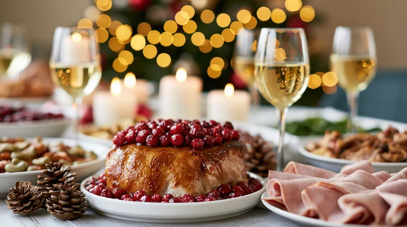 Christmas dinner table with glazed roast pork, cranberries, wine glasses and candles, decorated with pinecones and holiday lights in background