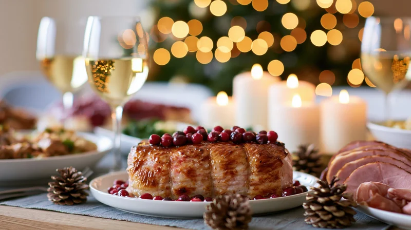 Glazed roast turkey with cranberries on a dinner table set for christmas celebration