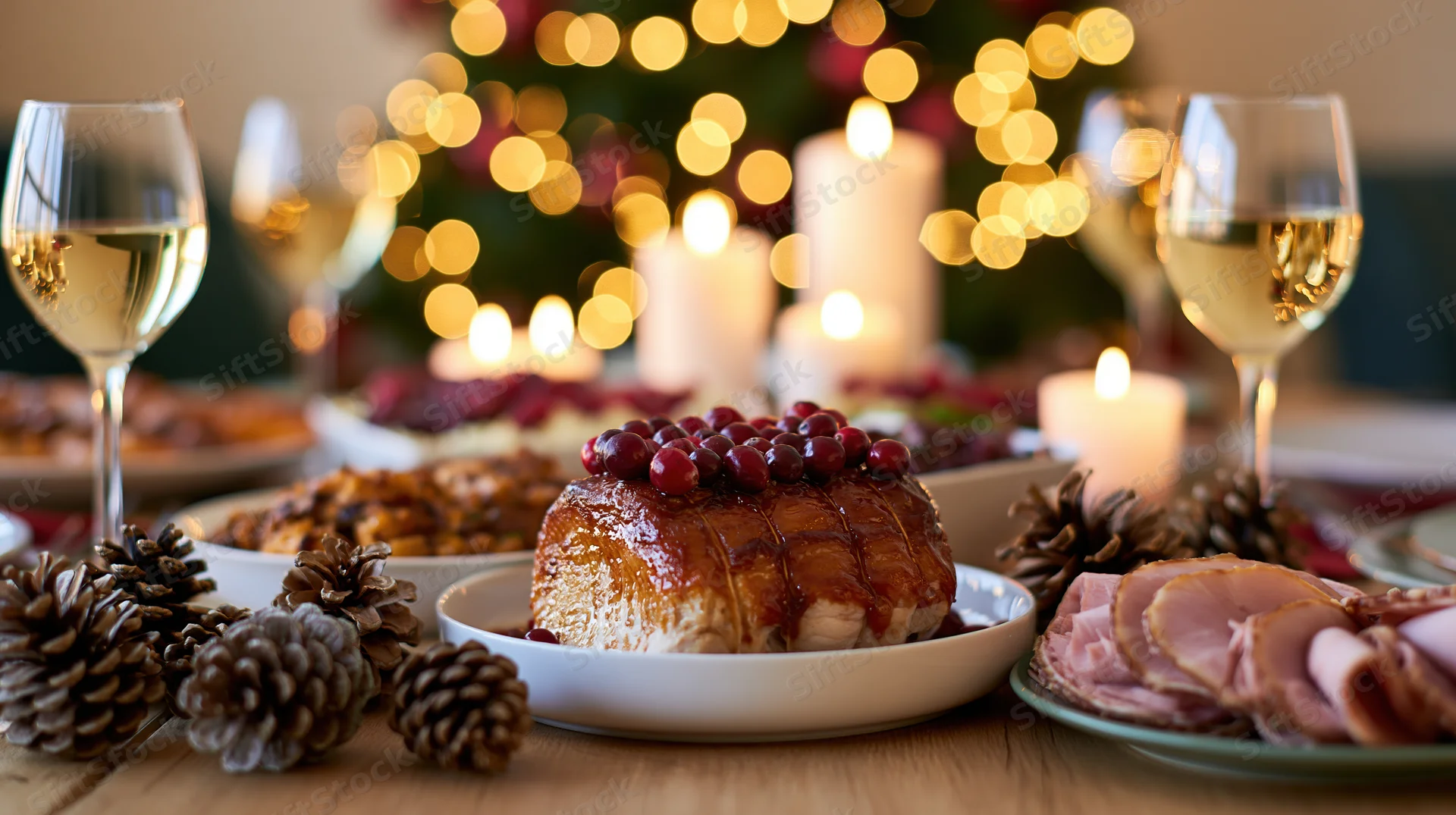 Christmas dinner table with glazed roast turkey, cranberries, pinecones, candles and wine glasses, festive holiday setting
