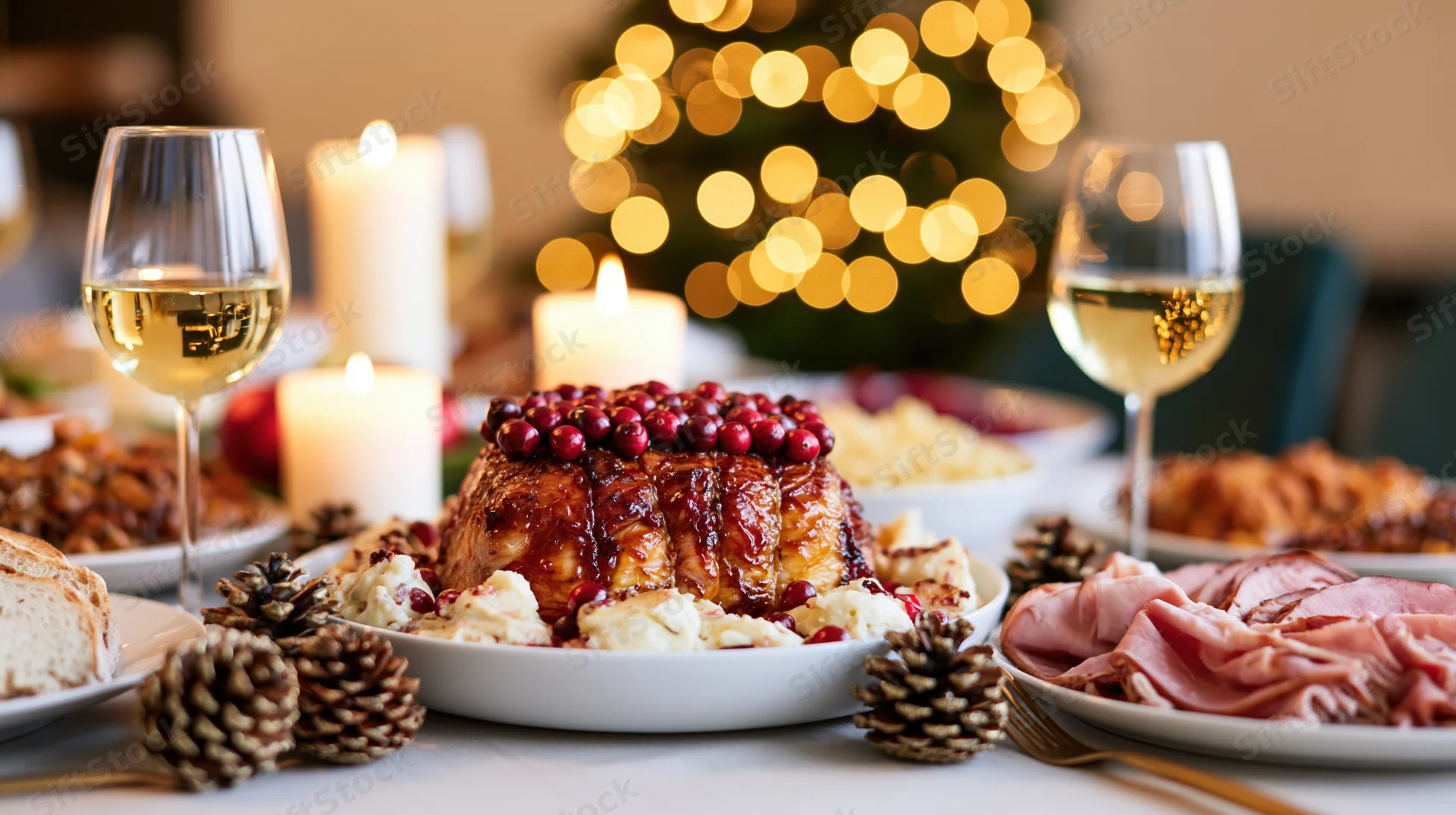 Christmas dinner table with glazed roast pork, cranberries, wine glasses, candles and pinecones, decorated for holiday celebration