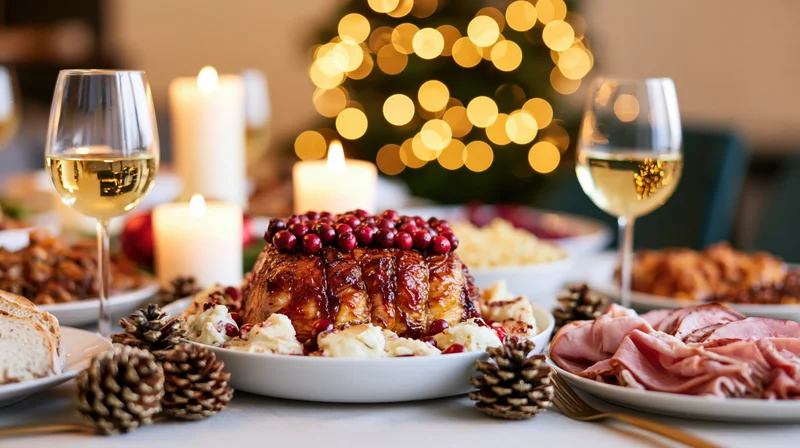 Christmas dinner table with glazed roast pork, cranberries, wine glasses, candles and pinecones, decorated for holiday celebration