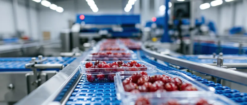 Red grapes in clear plastic clamshell containers moving along a blue conveyor belt in a food processing factory