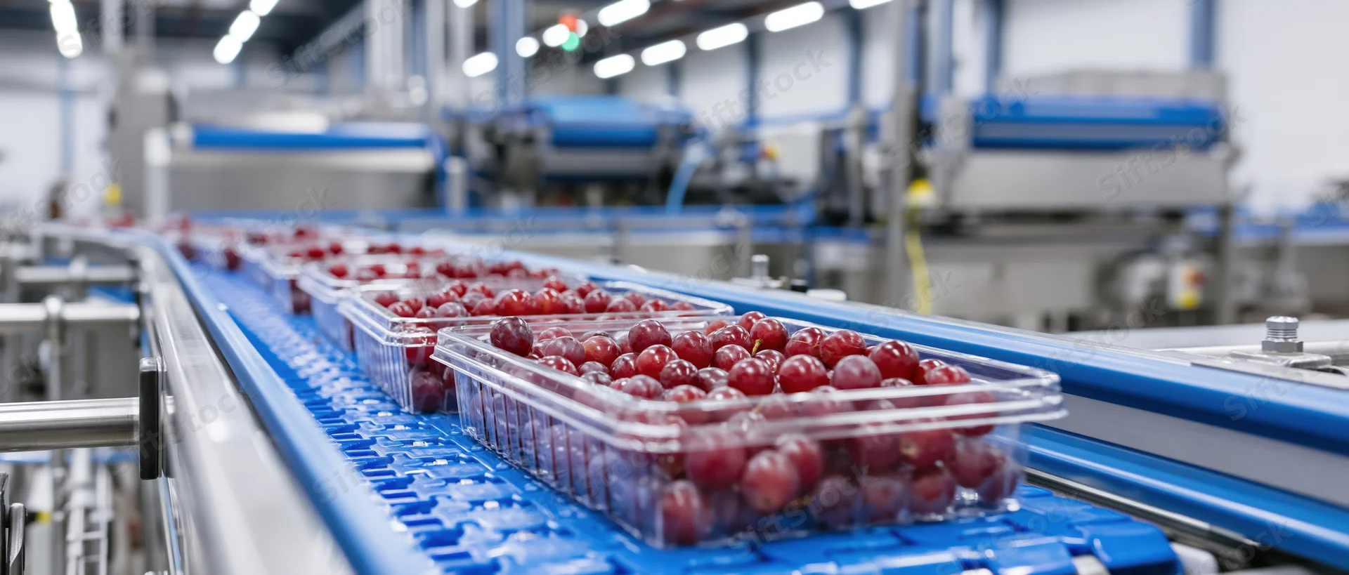 Red grapes in clear plastic clamshell containers moving along a blue conveyor belt in a food processing factory