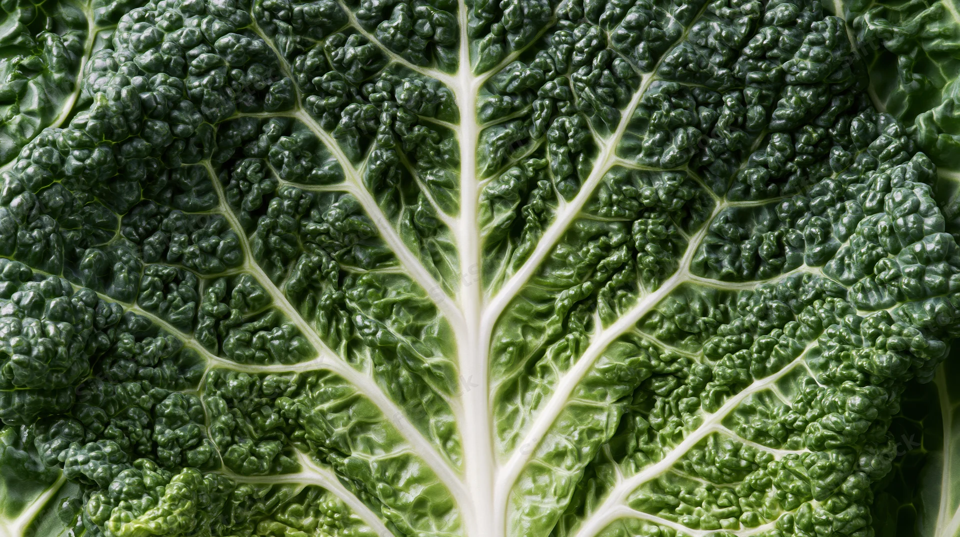Close-up of a savoy cabbage leaf showing detailed texture and veins