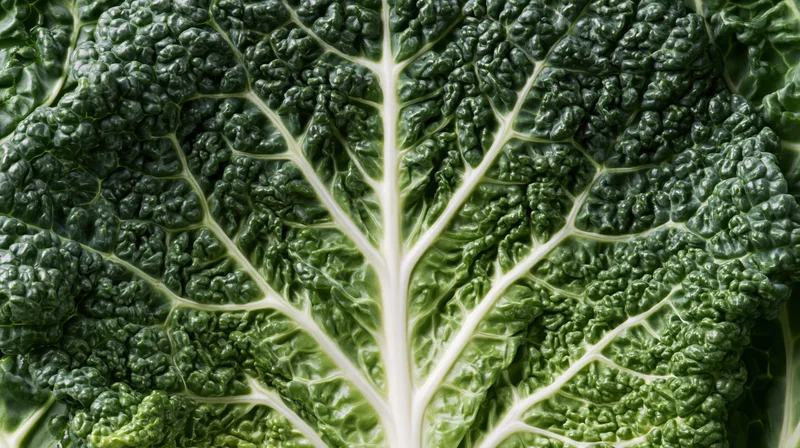 Close-up of a savoy cabbage leaf showing detailed texture and veins