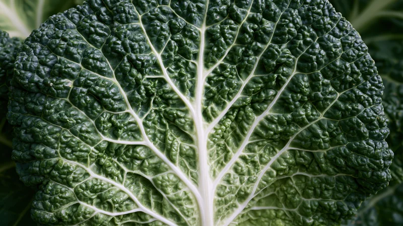 Close-up of a savoy cabbage leaf showing detailed texture and white veins