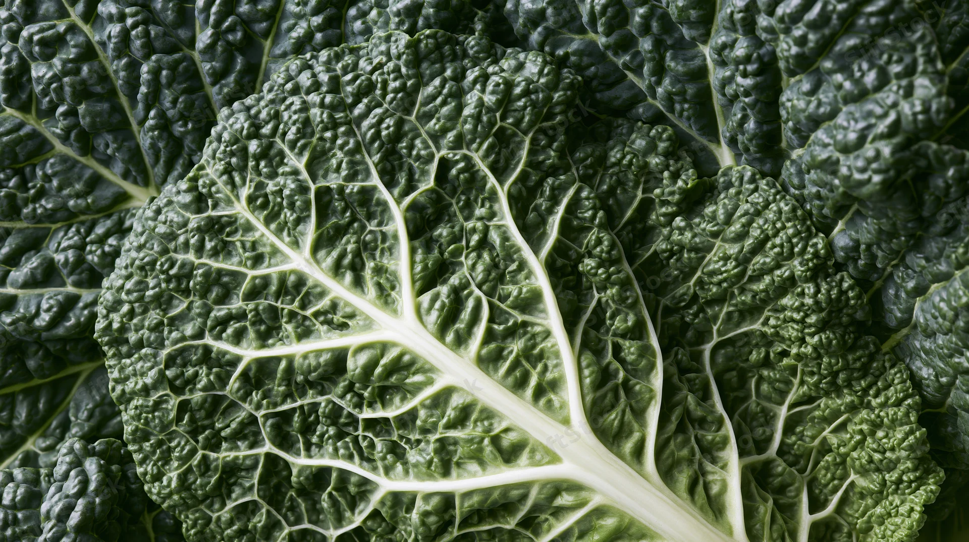 Close-up of a savoy cabbage leaf showing detailed texture and veins