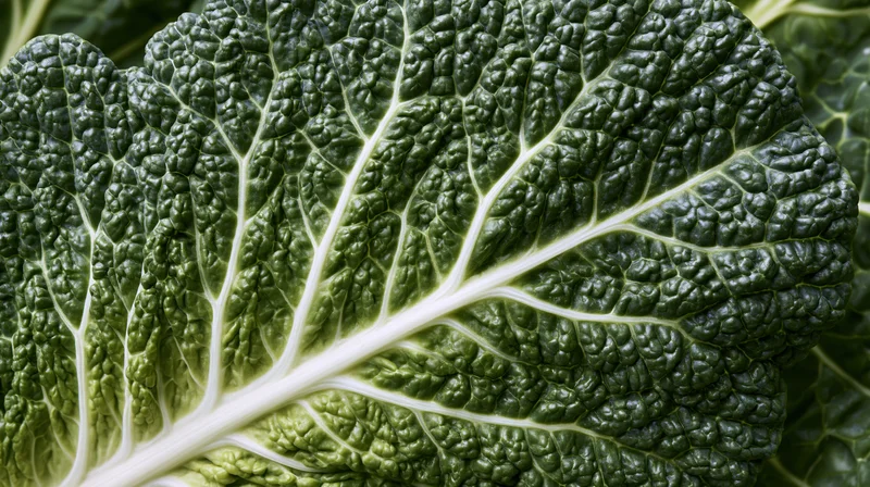Close-up of a savoy cabbage leaf showing detailed texture and white veins